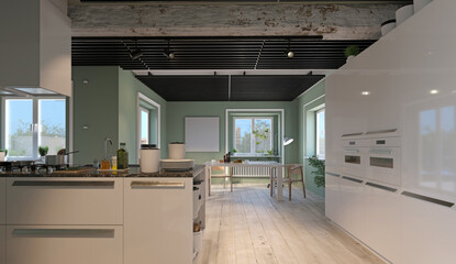 A 3D rendering of a modern kitchen interior. Open plan design with sage green walls and rustic beams