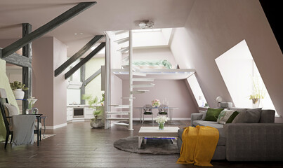 3D rendering of a modern loft apartment with a mezzanine. Spacious open plan interior with a spiral staircase