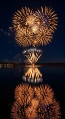 Spectacular Golden Fireworks Display with Perfect Water Reflection.