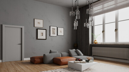 3D rendering of a modern living room interior. Contemporary home with grey walls and a sofa