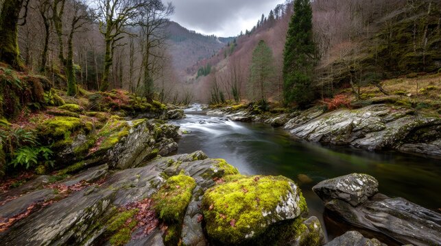 River flowing through a mossy forest with rocks and bare trees in a valley, tranquil natural landscape in Wales