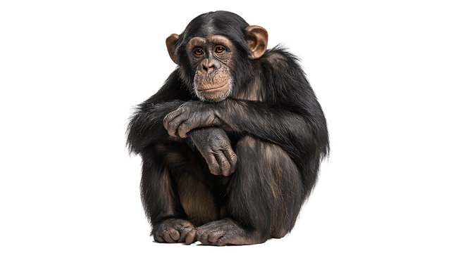 Black chimpanzee sitting with folded arms and head resting on hands primate mammal