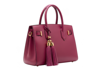 Elegant pink leather handbag with gold hardware and tassel detail, isolated on transparent background