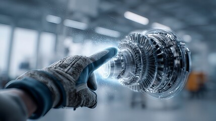 Gloved hand points at a futuristic mechanical part hologram. Industry 4.0, augmented reality, or engineering design concept with a blurred factory workshop background.