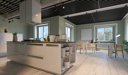 3D rendering of a modern kitchen interior. Open plan design with a large island and dining area