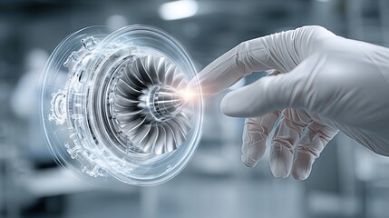 Engineer's gloved hand touches a virtual hologram of a jet engine turbine. Representing Industry 4.0, augmented reality, R&D, and engineering innovation concepts.