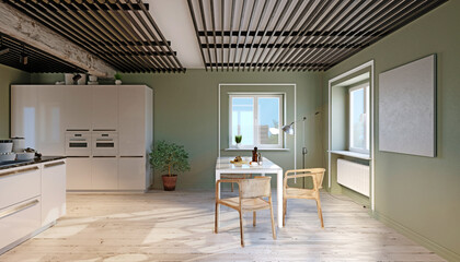 3D rendering of a modern kitchen and dining room. Scandinavian interior with green walls and wood floor