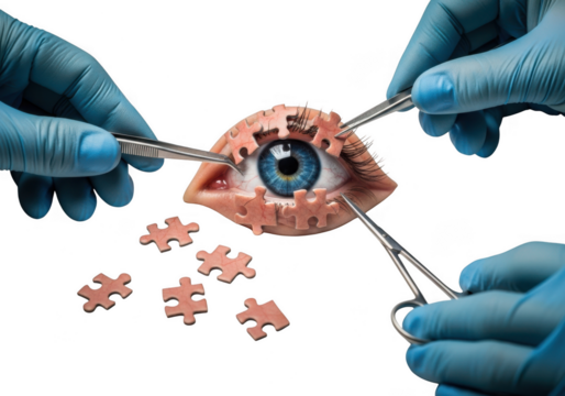 Closeup of an eye with puzzle pieces, symbolizing vision correction and medical procedure, isolated on transparent background