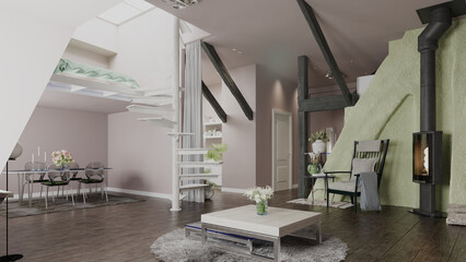 Naklejka premium 3D rendering of a modern loft apartment interior. Open plan living space with a spiral staircase and fireplace