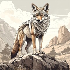 Coyote on Rocky Outcrop - A Majestic Wildlife Portrait in the Mountains.