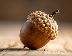 Close-up of a Single Acorn on Wooden Surface.