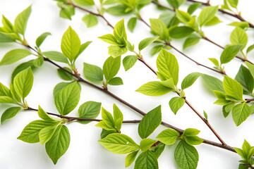 Beautiful spring branch with green leaves isolated on white