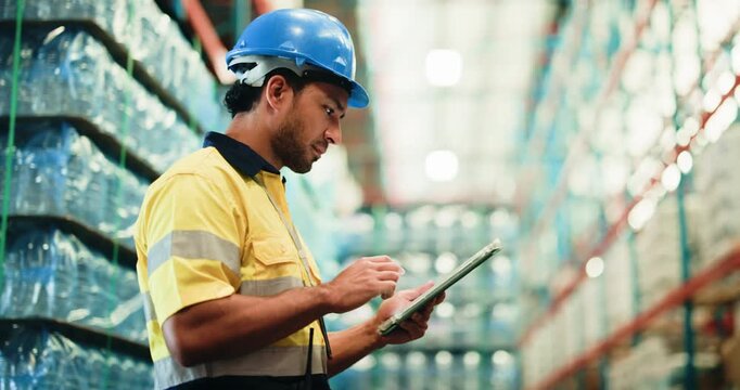 Warehouse, logistics or man with tablet for storage inspection, export process or transport agenda. Stock check, quality control or worker with tech for inventory management, below or plastic depot