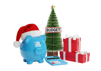 Christmas tree with budget sign, piggy bank, calculator, and gift boxes, holiday finance concept isolated on transparent background