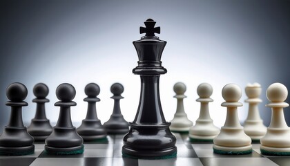 a black chess king stands prominently among white chess pieces symbolizing power and strategy in a game of intellect and skill the stark contrast emphasizes tactical superiority