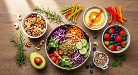 A fresh and colourful flat-lay of a healthy vegan