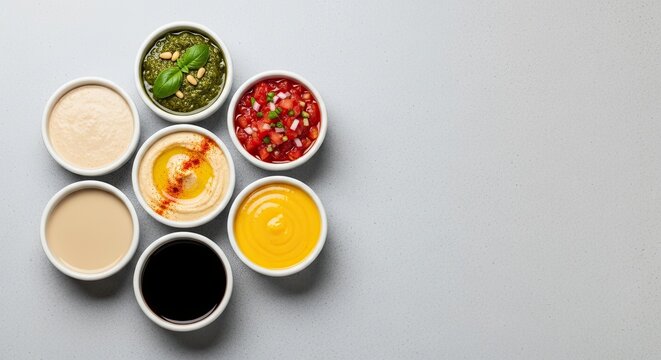 Collection of Delicious Sauces And Dips Arranged In A Flower Shape