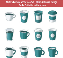 Minimal flat 2D vector cup icon set with teacup, paper, glass, takeaway and ceramic designs