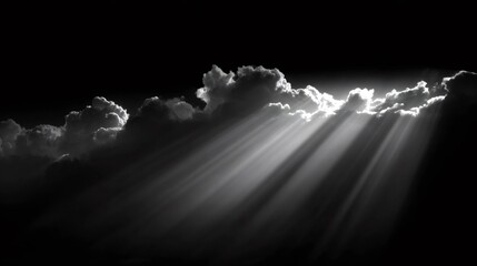 Sunbeams breaking through dark clouds, forming dramatic light rays, symbolizing hope, spirituality, and divine intervention
