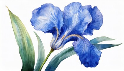 hand drawn watercolor blue iris flower isolated on white background