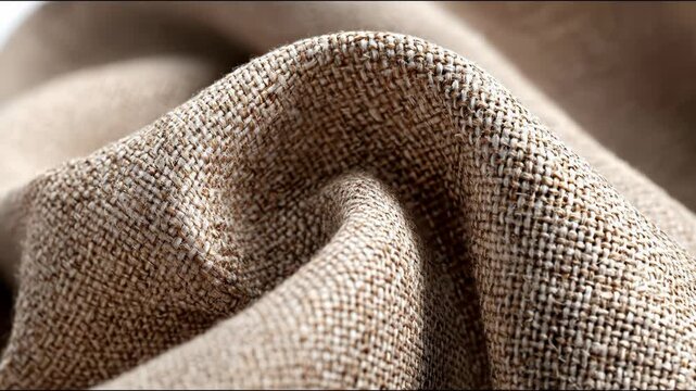 Detailed macro photograph of a coarse, natural beige woven fabric, showing the intricate texture and soft folds of the textile.