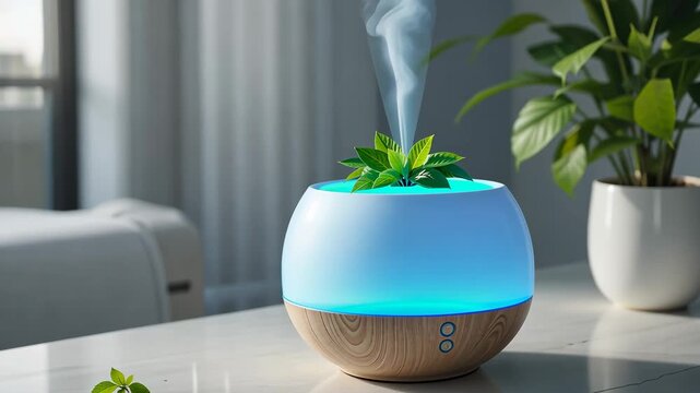 Aroma diffuser emitting cool mist above green plant in minimalist soft-lit room, calming wellness atmosphere