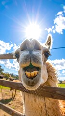 Close-up of a Smiling Camel in Bright Sunlight.