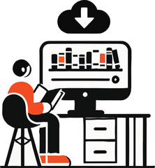 Person reading book at desk with computer and cloud download
