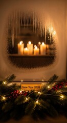 Warm candlelight reflection in a mirror with festive holiday garland.