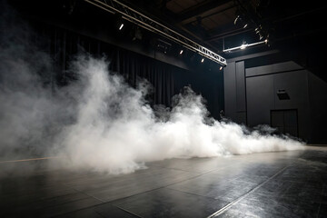 Background of an empty room with smoke and light. Dark blue abstract background in dance class