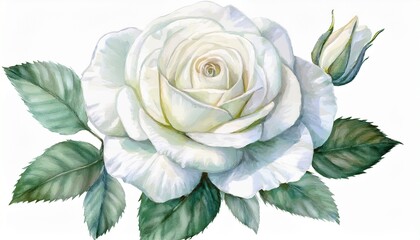 hand drawn watercolor white rose flower isolated on white background