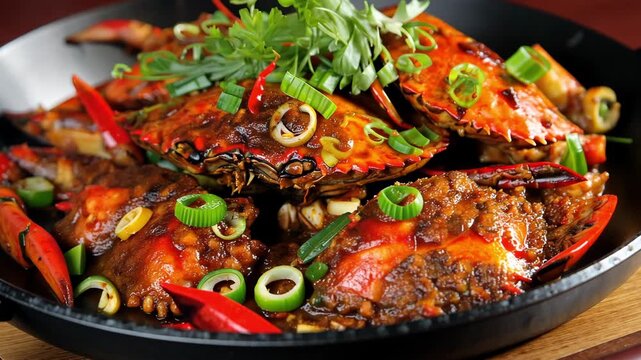 Spicy chili crab dish with herbs and spices served in a bowl, 4k video