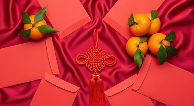 Chinese New Year Decorations with Red Envelopes and Oranges Symbolizing Good Fortune
