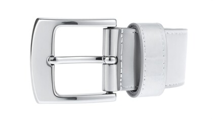 Close-up of a Stylish White Leather Belt with a Silver Buckle.