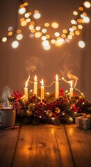Warm Christmas Advent Wreath with Glowing Candles and Festive Lights.