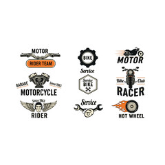 Motorcycle Rider Team Garage Service Hot Wheel Racer Vintage Logos Set Emblem Collection
