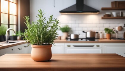 a vibrant potted rosemary plant flourishes on a wooden table enhancing the bright and inviting atmosphere of the modern kitchen with its fragrant leaves and healthy appearance