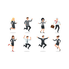 Diverse group of business people jumping and celebrating with joy and success in professional attire, dynamic vector illustration
