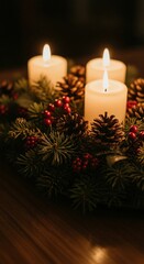 Warm glow of three lit candles in a festive Advent wreath with pinecones and berries.