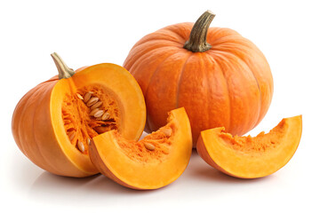 Fresh whole and sliced pumpkin isolated on white background