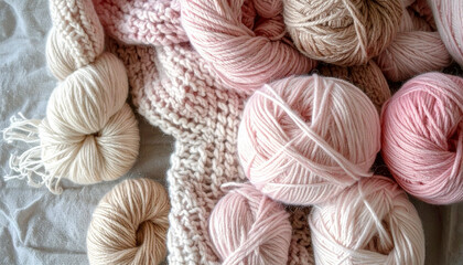 ピンクの淡い色味の編み物と毛糸玉