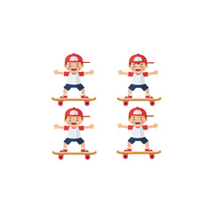 Cute cartoon boy in red cap and t-shirt skateboarding happily with arms outstretched joyful kid on skateboard