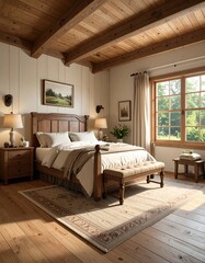 Cozy Bedroom Interior with Wooden Accents and Natural Light.