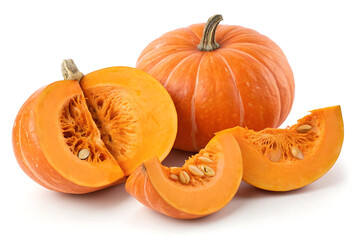 Fresh whole and sliced pumpkin isolated on white background