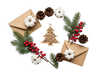 Rustic christmas wreath with fir branches, pine cones, cotton bolls, red berries and kraft paper envelopes isolated on transparent background