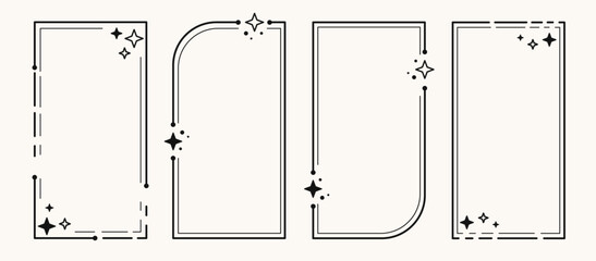 A collection of retro line art frames with geometric shapes, minimalist corners, and star details. Black outline borders in a retro 200s aesthetic for texts and images, decorative backgrounds.