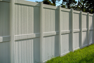 8' White Vinyl Fence Solid Privacy with water drops after rain