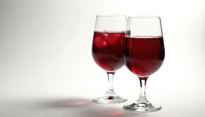 Two glasses hold deep red liquid, one with ice cubes. Isolated on white background, these drinks suggest celebration, refreshment, or a bar menu.