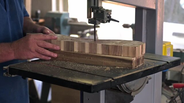 Cutting Wooden Block on Bandsaw in Workshop