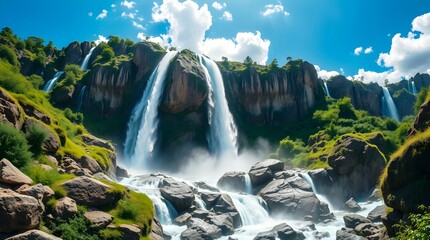 Majestic and Powerful: This New Photo Showcases the Natural Beauty of Many Waterfalls Flowing Down the Sides of Large, Rugged Mountains.